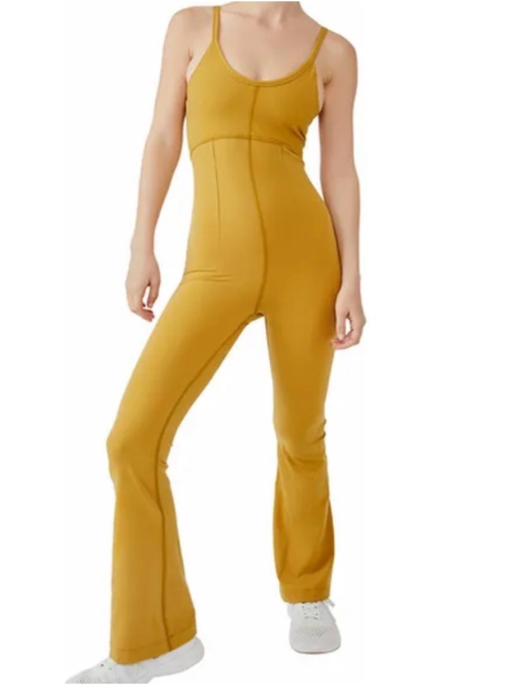 Free People Mustard Yellow Slim Flare Jumpsuit